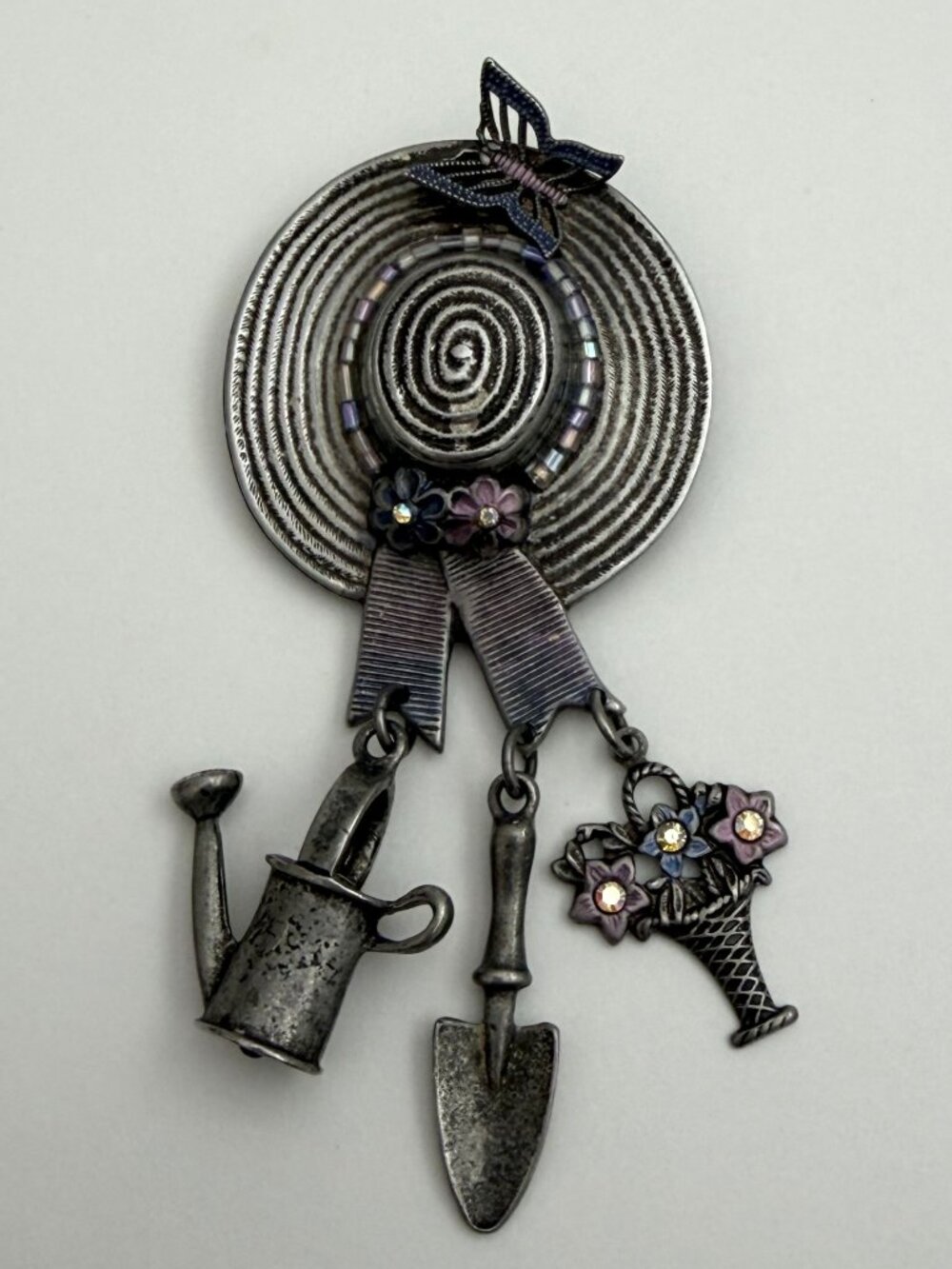 Vintage Sweet Romance USA Brooch / Pin Hat w Flowerpot & garden tool charms, 3"L